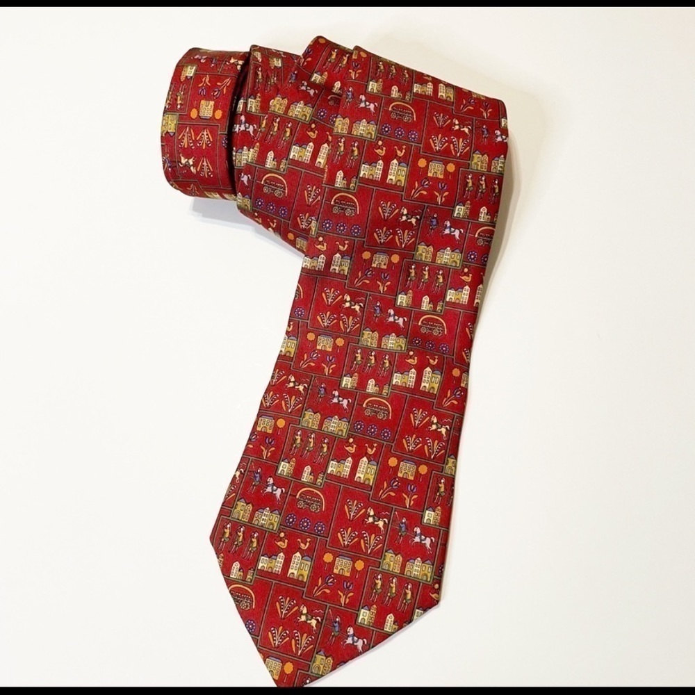 SALVATORE FERRAGAMO Red ANIMALS Mens SILK Necktie Early American Theme